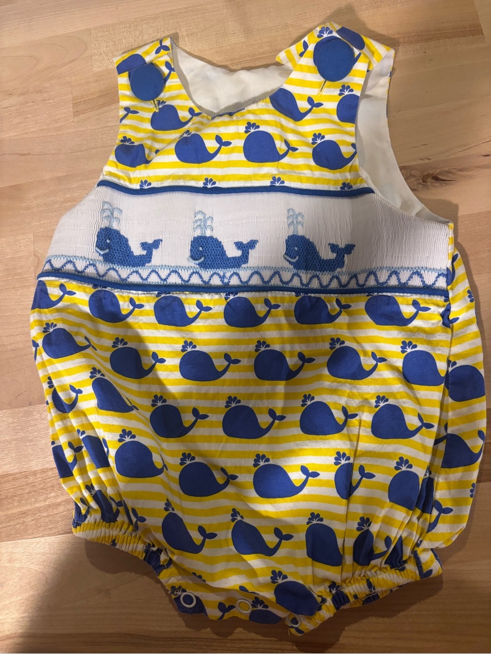 Blue & Yellow smocked Whale Print Baby boy bubble size 3months